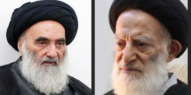 المرجع شبيري الزنجاني يعزي المرجع الديني السيد السيستاني دام ظله في وفاة عقيلته